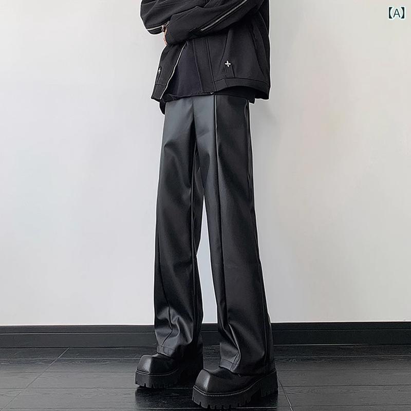 レザー パンツ メンズ ズボン カジュアル おしゃれ 革 大きいサイズ ストレート ワイド ファッション ブラック