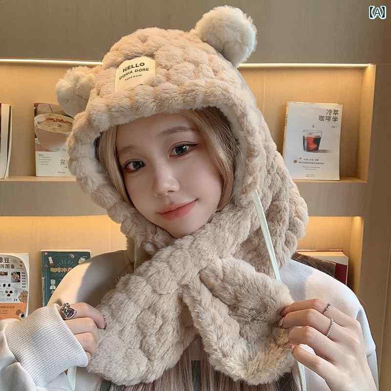 くま耳 帽子 大人 かわいい レディース 冬 暖かい ベルベット ウール 厚手 カーキ ピンク キャメル マフラー