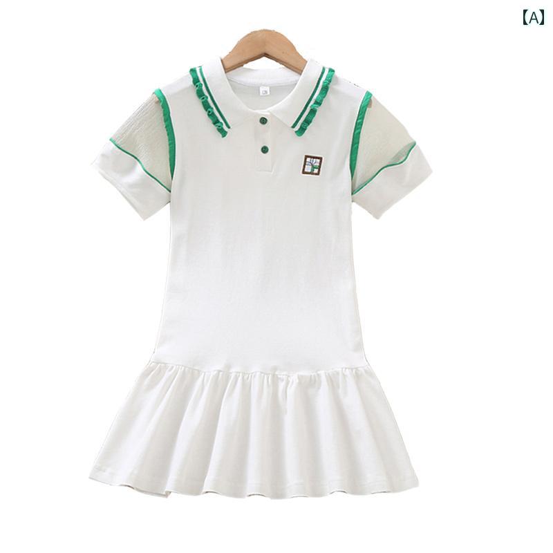 キッズ ゴルフウェア ジュニア 子供 女の子 夏 半袖 ポロスカート ユニフォーム 通気性 ドレス 薄手 テニス ホワイト