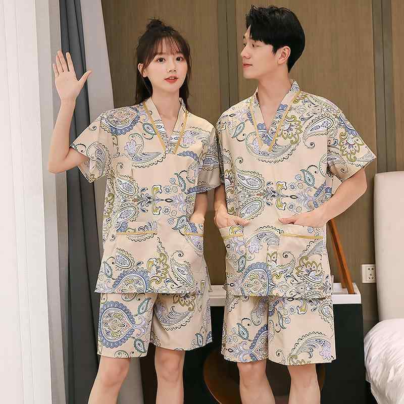 サウナ服 パジャマ ルームウェア メンズ レディース コットン 大きいサイズ マッサージ 入浴 ペイズリー柄 花 オレンジ ブルー