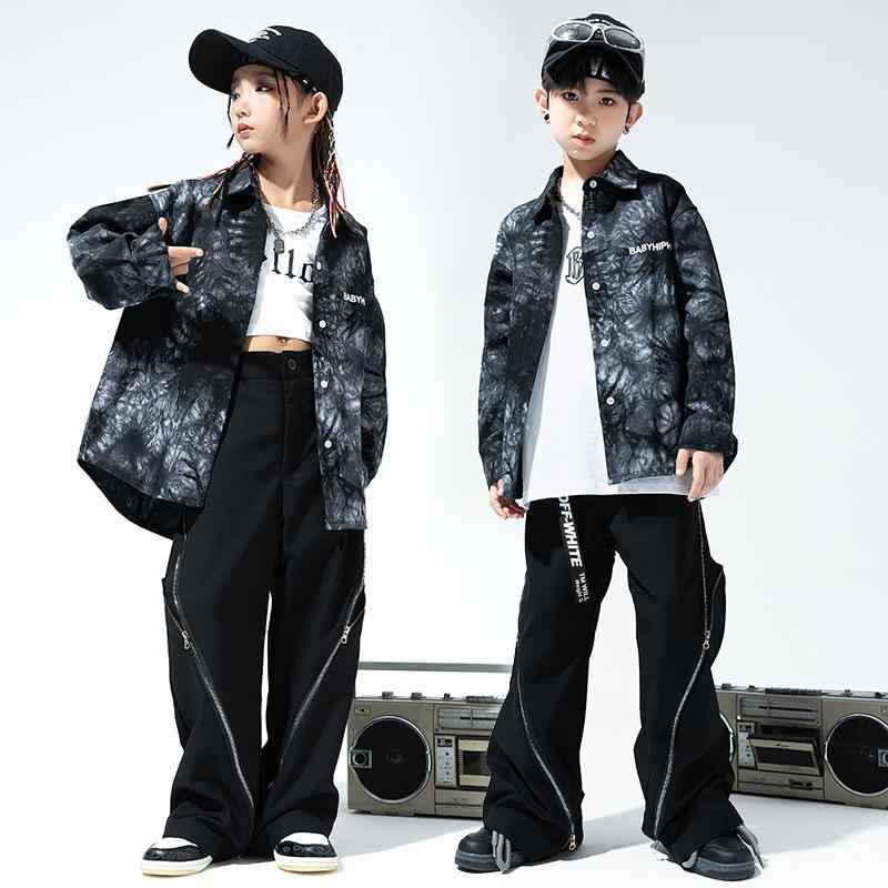 キッズ 男の子 女の子 ストリート ダンス セットアップ 衣装 発表会 染め ジャケット 学生 ヒップホップ クール 黒 白