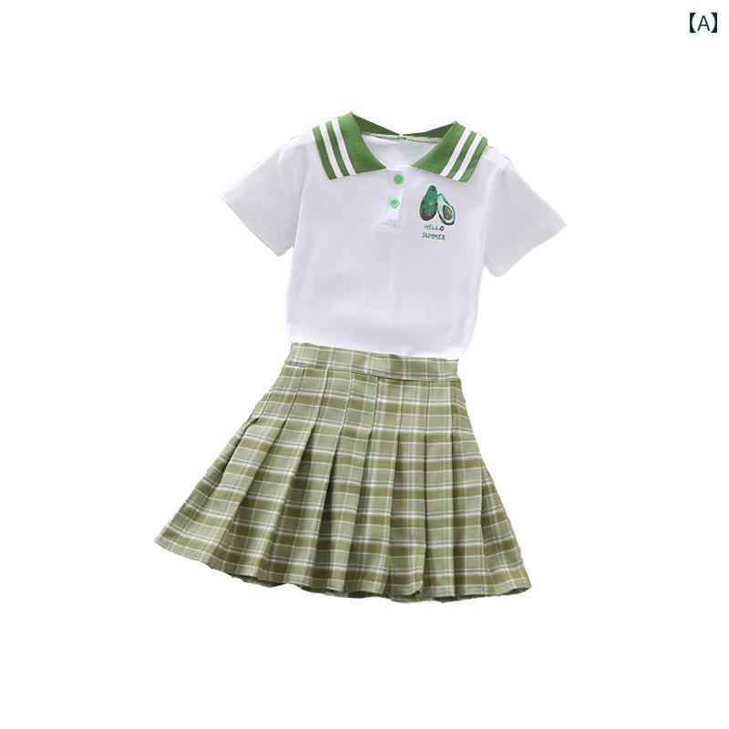 キッズ ゴルフウェア ジュニア 子供 速乾 ユニフォーム 半袖 Tシャツ 露出防止 プリーツスカート テニス ホワイト グリーン