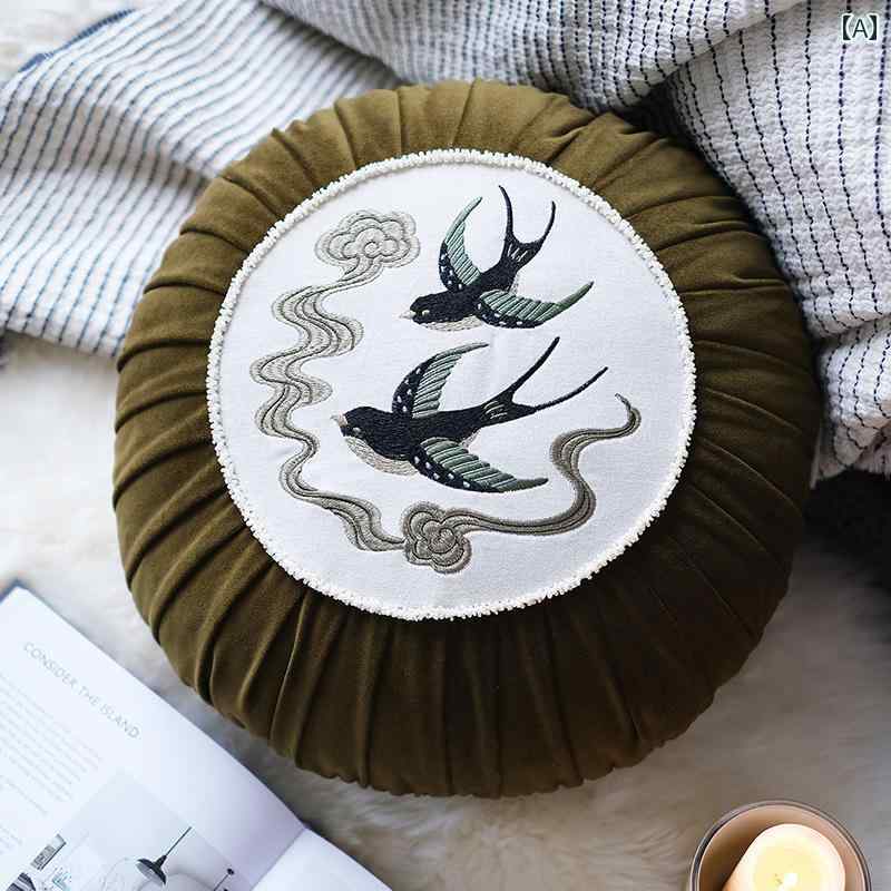 クッションカバー かわいい おしゃれ 家庭 リビングルーム 寝室 ベッド ソファ 刺繍 円形 フリル 枕 中国風 フレンチ レトロ ノスタルジック ツバメ 雲