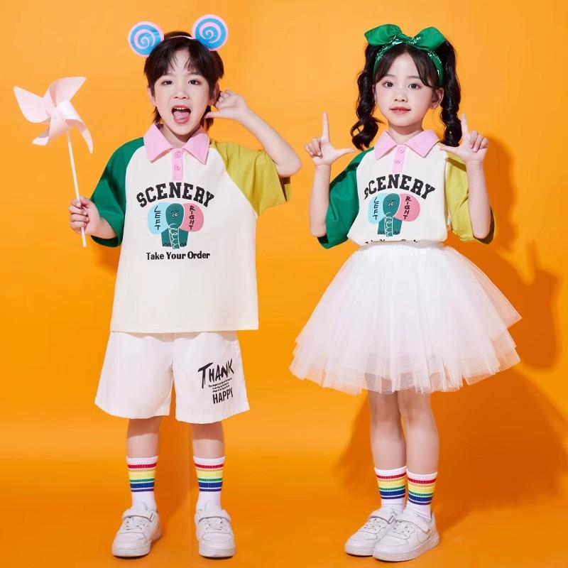 キッズ ストリート ダンス セットアップ 衣装 子供 ジュニア ヒップホップ カジュアル 夏 ホワイト グリーン