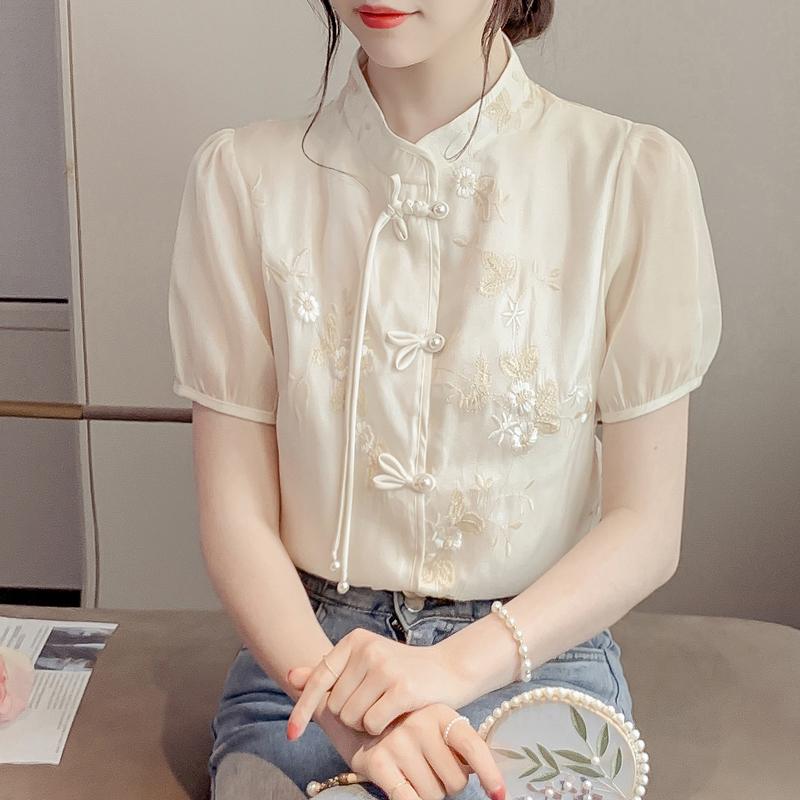 チャイナ風 普段着 レディース トップス レトロ おしゃれ スタンドカラー 中国 刺繍 半袖 シャツ 春夏