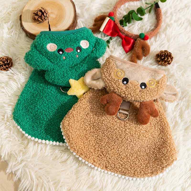 犬服 ドッグウェア ペット クリスマス 衣装 かわいい おしゃれ 冬 暖かい マント 猫 装飾 リード 変身 テディ ブラウン グリーン