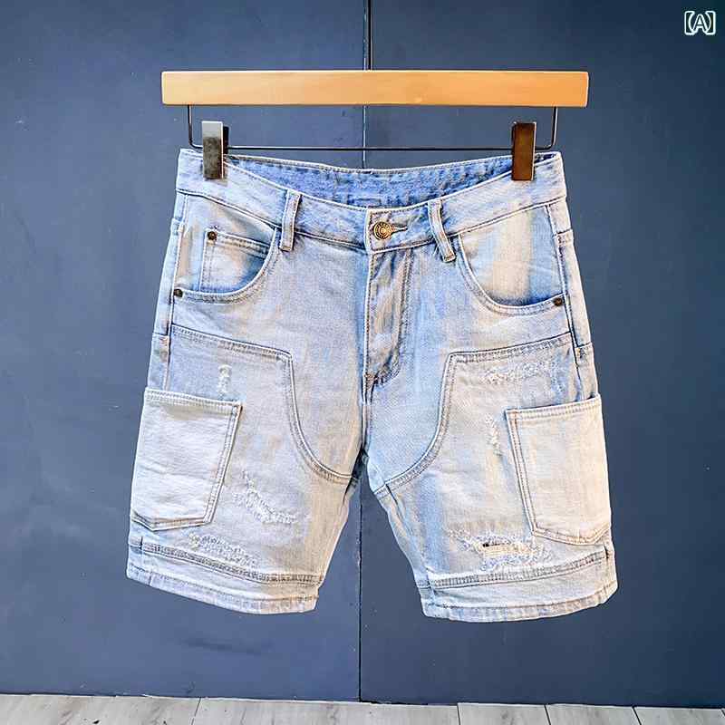 デニム ハーフパンツ メンズ 短パン ショートパンツ ウォッシュド カジュアル ストリート ダメージ ファッション ブルー