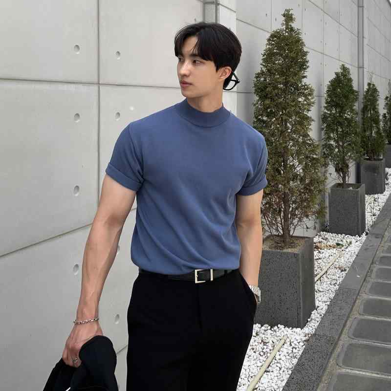 ニット メンズ 半袖 セーター ハイネック トップス シンプル 無地 韓国 スタンドカラー Tシャツ 大きいサイズ ブラック ブルー