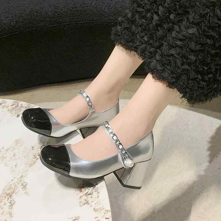 ストラップ ベルト パンプス レディース シューズ ハイヒール レトロ パール 厚底 シングル 春秋 シルバー ホワイト