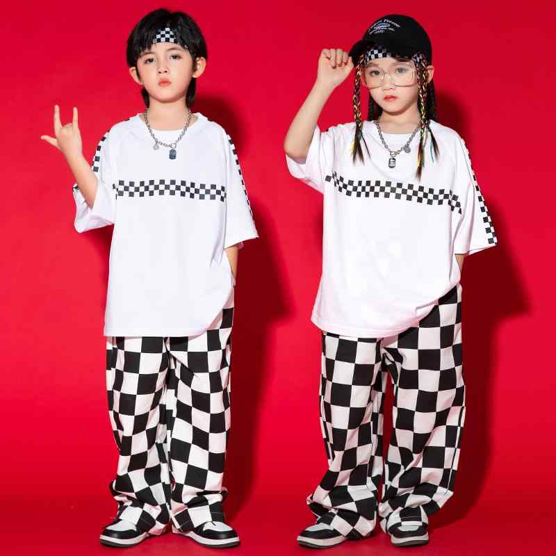 キッズ 男の子 女の子 ストリート ダンス セットアップ 衣装 ヒップホップ 夏 学生 グループ ジャズ 白 チェック柄