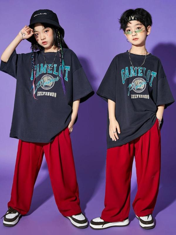キッズ ストリート ダンス セットアップ 子供 ヒップホップ クール 男の子 女の子 夏 パフォーマンス ネイビー ワインレッド