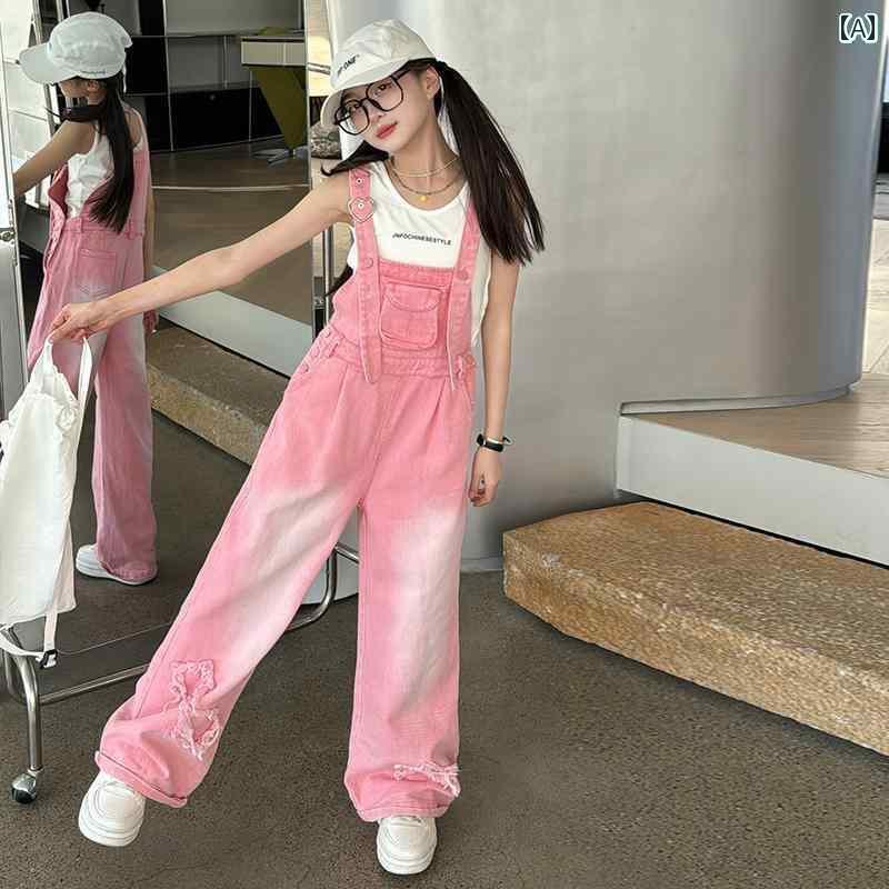デニム オーバーオール キッズ サロペット 子供服 女の子 ズボン 春秋 韓国 カジュアル パンツ おしゃれ ウォッシュド ピンク
