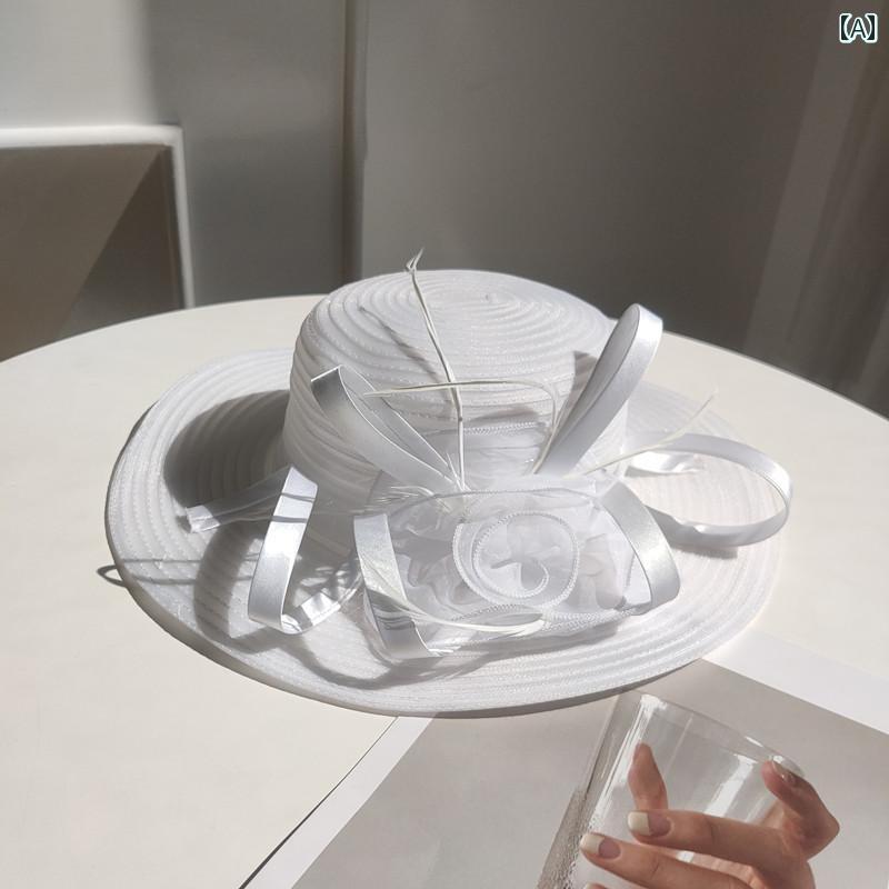 ドレスハット レディース 麦わら帽子 春夏 日よけ 上品 エレガント ハット おしゃれ かわいい サンシェード レジャー 旅行 カジュアル オードリー 花 白 黒