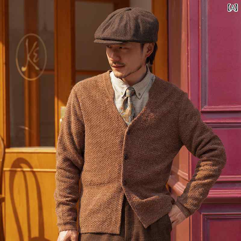 カーディガン メンズ ニット カジュアル おしゃれ 秋冬 大きいサイズ 英国 レトロ Vネック スリム セーター ジャケット アウター キャメル 9,297円