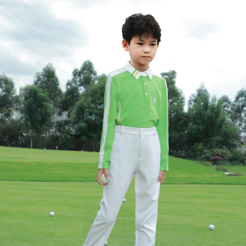 キッズ ゴルフウェア ジュニア 子供 男の子 女の子 衣類 スポーツ 長袖 ストレッチ Tシャツ トップス ズボン グリーン ホワイト|Grams店