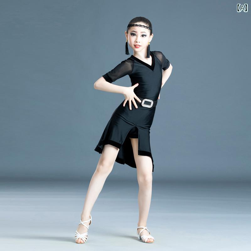 社交ダンス 衣装 キッズ 子供 練習着 ラテン 舞台 ステージ 半袖 スカート 女の子 スリット パフォーマンス ブラック