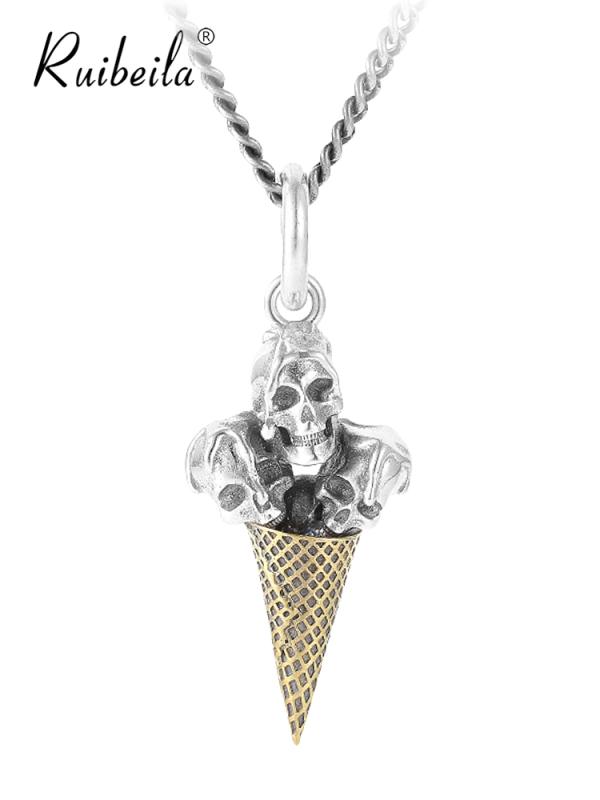 ネックレス メンズ アクセサリー おしゃれ レトロ アイスクリーム スカル ドクロ ペンダント シルバー ヒップホップ パンク ジュエリー