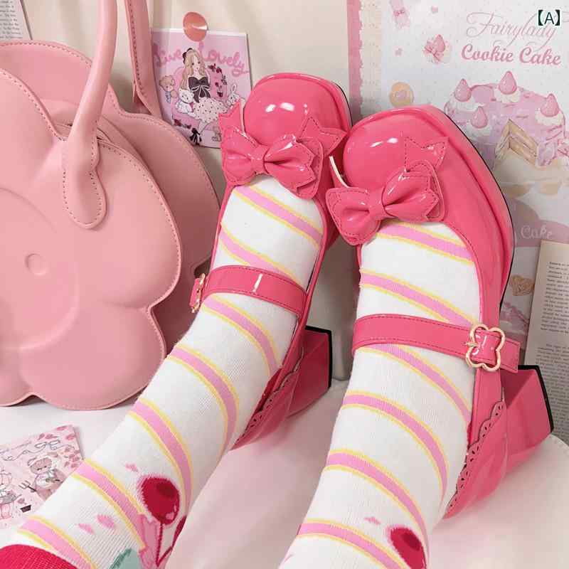 ロリータ 靴 レディース パンプス ガーリー Lolita メイド コスプレ 革 ハイヒール シューズ かわいい ピンク ブラウン ワインレッド リボン