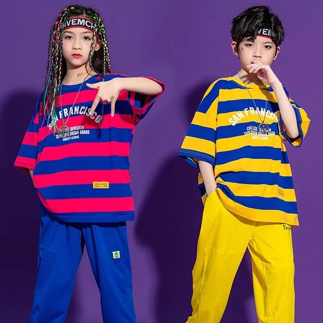 キッズ 男の子 女の子 ストリート ダンス セットアップ 衣装 ヒップホップ 発表会 半袖 ジャズ 学生 グループ オレンジ 黄色 ボーダー