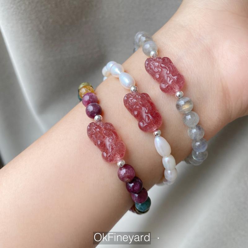 ヒキュウ 貔貅 ブレスレット 風水 アクセサリー 腕輪 数珠 レディース パール ビーズ 弾性 ロープ ピンク