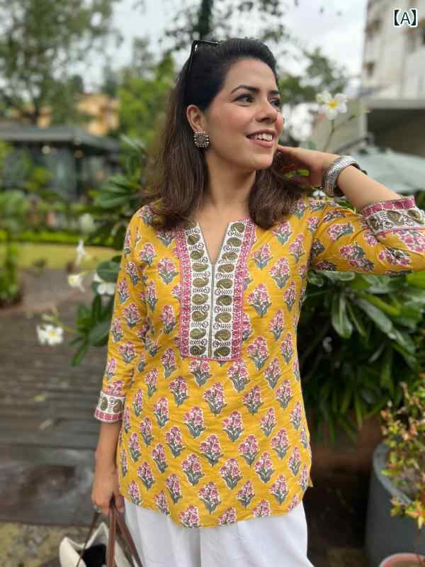 インド 民族衣装 クルタ インドドレス インディアンガウン 舞踊衣装 手刷り 繊維 綿 ショート トップス V ネック 薄手 イエロー ピンク グリーン 6,092円