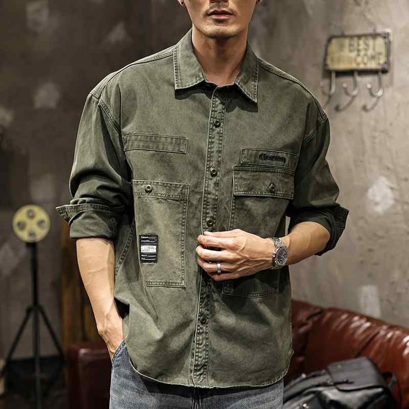 ワークジャケット メンズ 春秋 アウター ヘビー ウォッシュ加工 アメリカン レトロ 長袖 シャツ ジャケット ワークウェア カーキ グレー 茶|Grams店