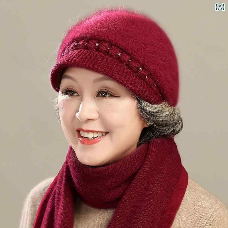 帽子 レディース 婦人 ミセス おばあちゃん 秋冬 防寒 厚手 暖かい ファー マフラー レトロ レッド ピンク パープル