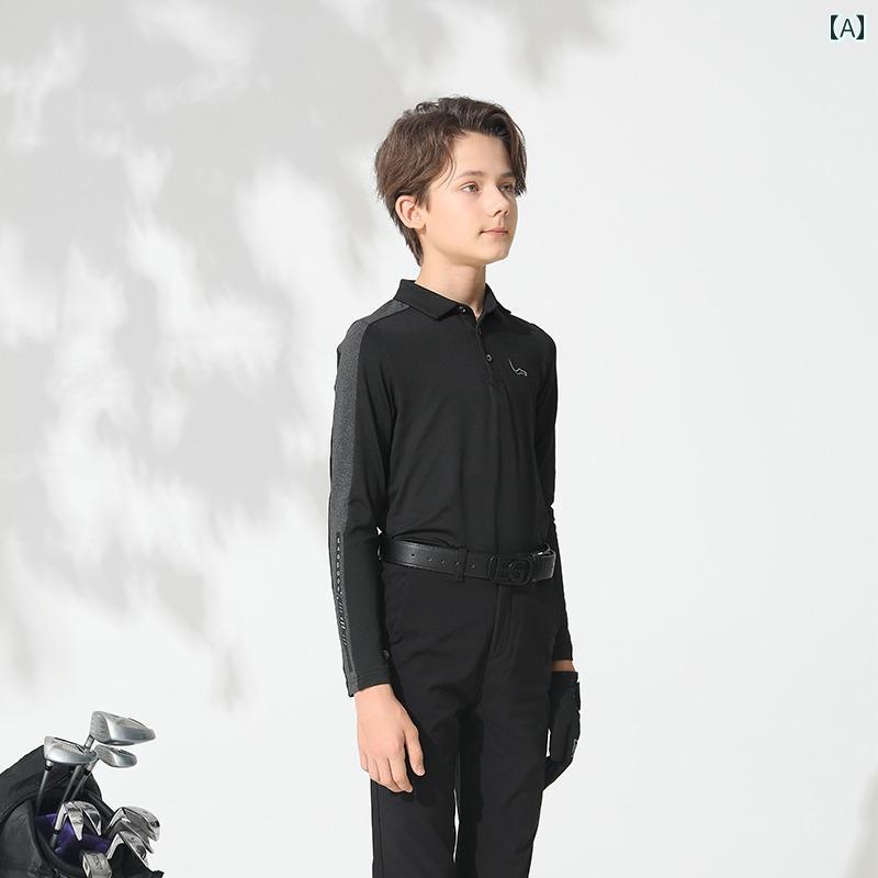 キッズ ゴルフウェア ジュニア 子供ボーイズ 長袖 Tシャツ 秋冬 汗吸収 厚手 ブラック ホワイト