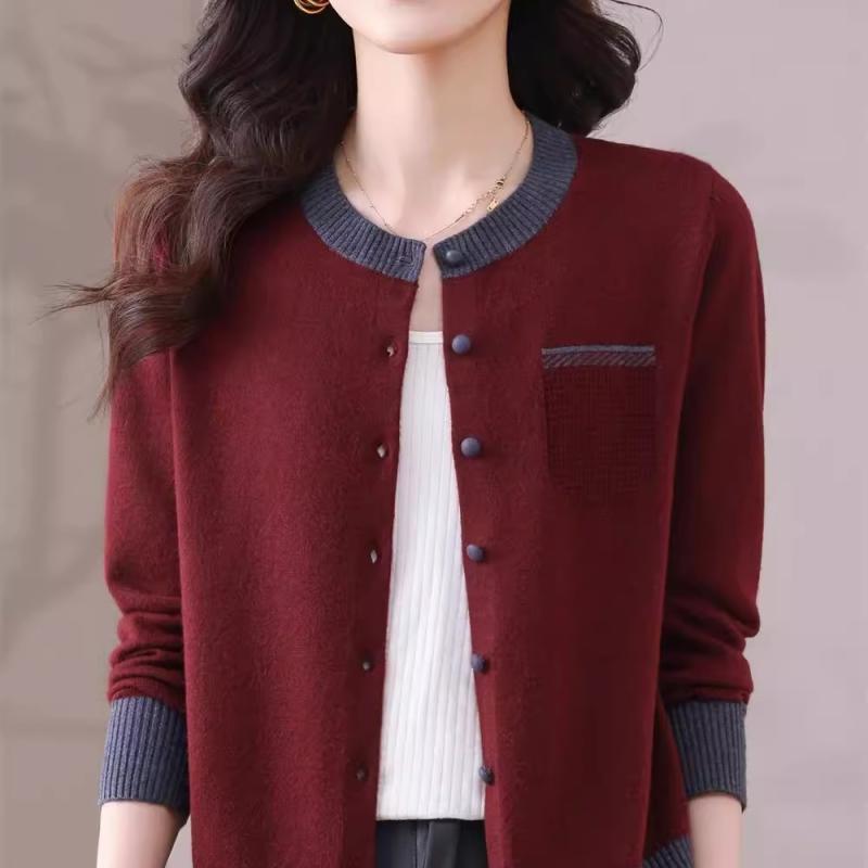 カーディガン 婦人服 レディース 中高年 春秋 ラウンドネック 長袖 ウール ニット レッド グレー イエロー｜Grams店