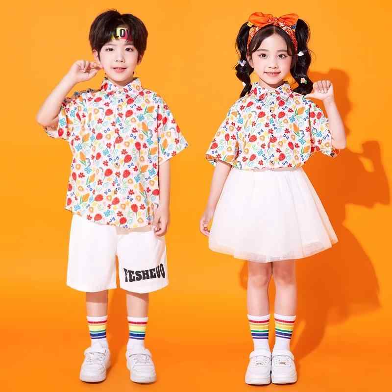 キッズ ストリート ダンス セットアップ 発表会 小学生 シャツ チアリーダー 幼稚園 クラス コーラス 白 水色 衣装