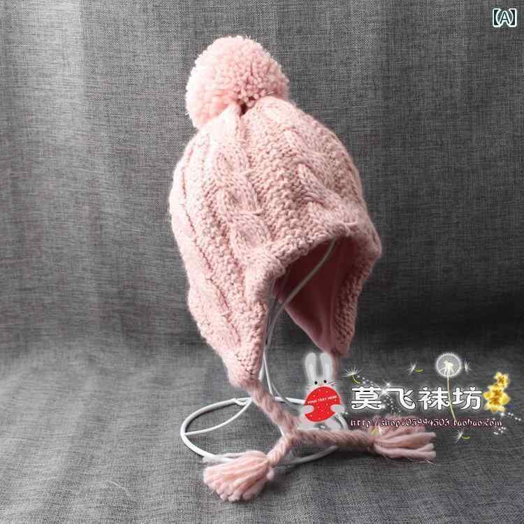 ニット帽 キッズ 子供 男の子 女の子 帽子 秋冬 暖かい 編み 厚手 耳あて ウール ピンク グレー ホワイト ポンポン
