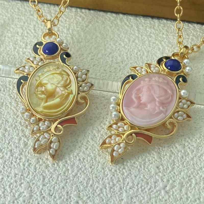 ネックレス レディース カメオ 貝彫刻 クイーンシェル ゴールドシェル 金メッキ レトロ ヴィンテージ マラード風 ペンダント 高級感 ライトラグジュアリー O字チェーン エレガント