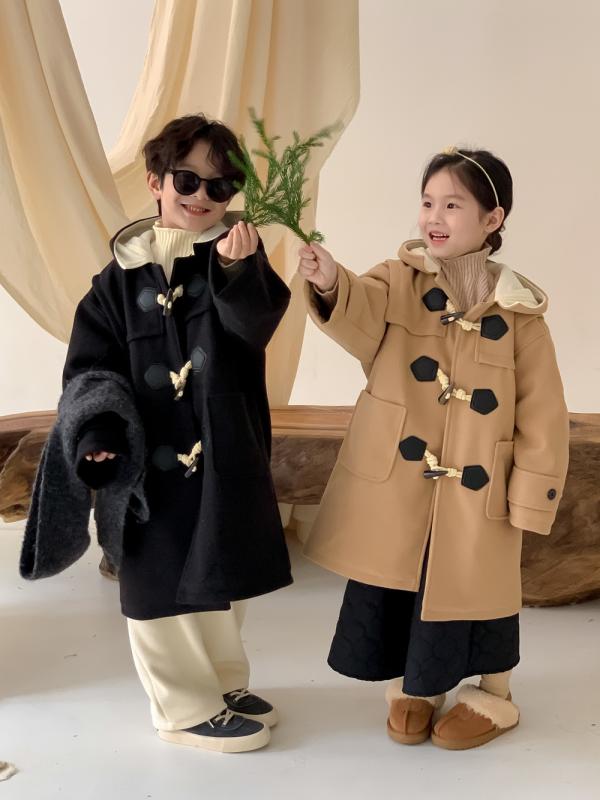 ダッフルコート キッズ アウター 子供服 男の子 ウール 冬 厚手 ミドル丈 フード付き レトロ おしゃれ 韓国 キャメル ブラック