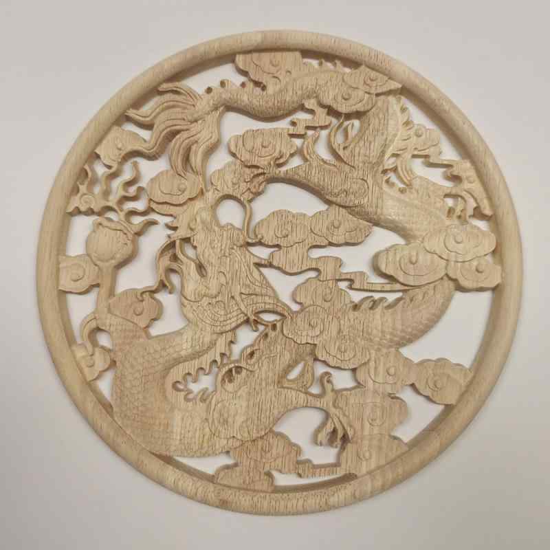 木彫り 無垢材 ラバーウッド 東陽木彫り 新中華風 透かし彫り 龍鳳 麒麟 円盤 装飾パネル 壁飾り インテリア 工芸品
