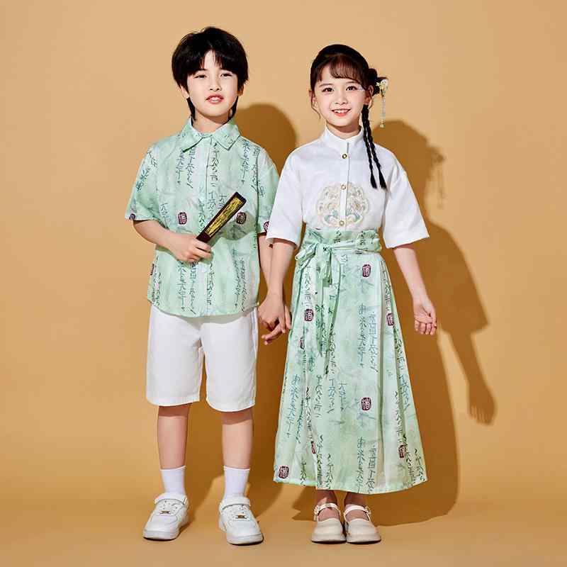 子供 男の子 女の子 小学生 中国風 衣装 スカート 漢服 スーツ 合唱 詩 朗読 ホワイト グリーン