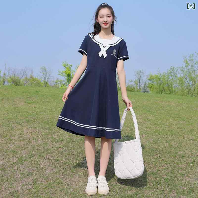マリーンドレス 海軍 ネイビー風 セーラー服 レディース 中学生 高校生 青春 ガーリー カレッジ ウエスト スカート 夏 ブルー ホワイト ピンク｜Grams店