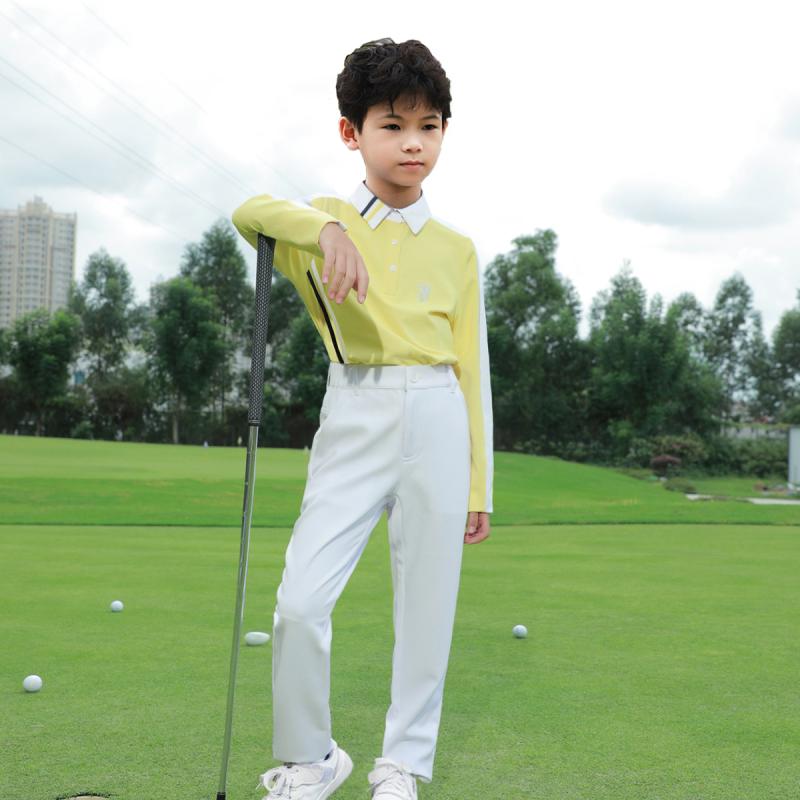キッズ ゴルフウェア ジュニア 子供 男の子 女の子 ユニフォーム スポーツ 長袖 T シャツ トップス イエロー ホワイト