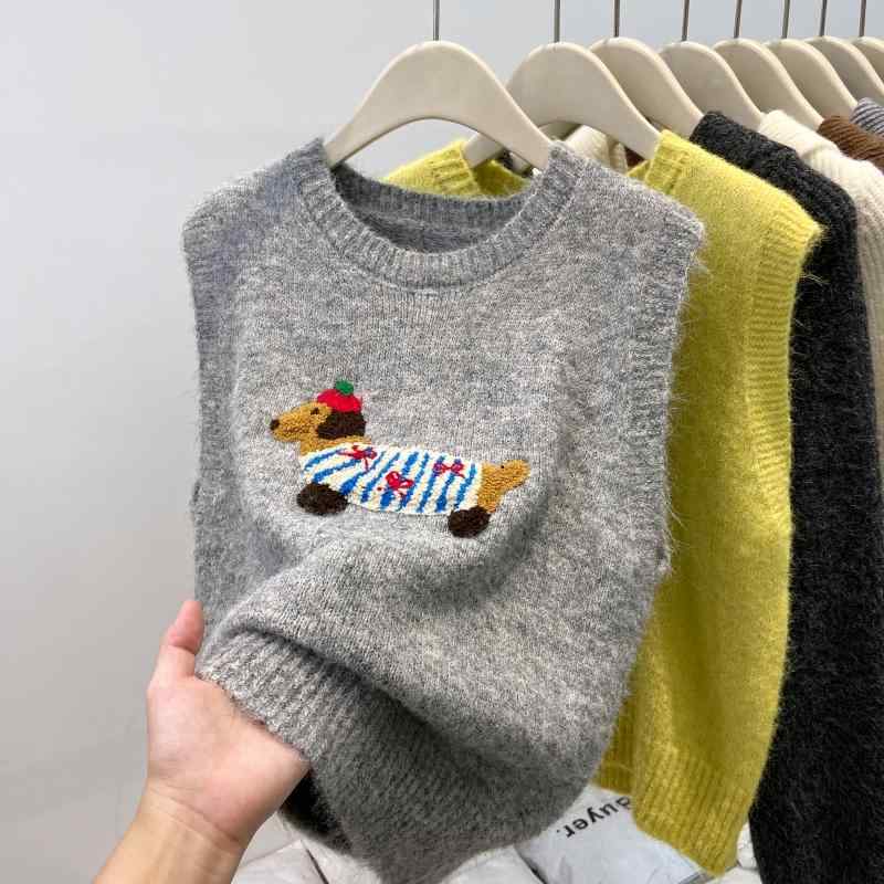 ニット ベスト レディース ラウンドネック ノースリーブ プルオーバー プルオーバー ソフト セーター 韓国 刺繍 グレー イエロー 犬