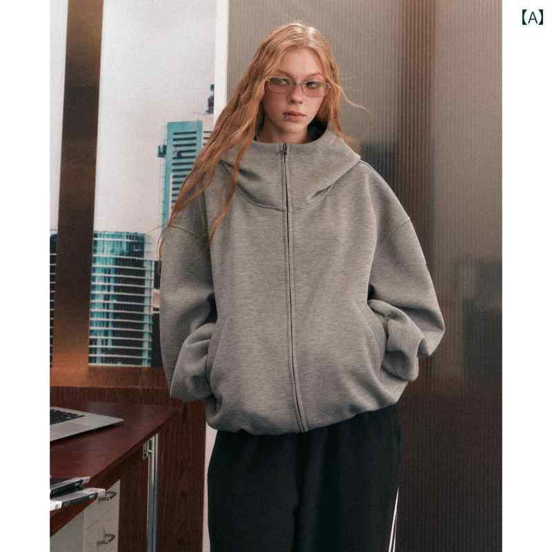 パーカー レディース ジップアップ スウェット アメリカン フード付き 厚手 シンプル スタンドカラー グレー イエロー ブラック
