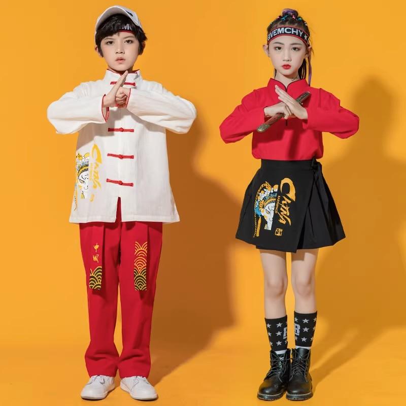 キッズ ストリート ダンス セットアップ 子供用 小学生用 中国風 衣装 演出服 発表会 夏 レッド ブラック ホワイト