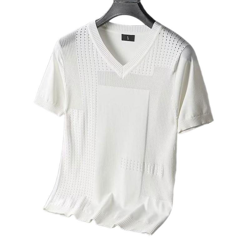 セーター メンズ ニット vネック トップス 夏 韓国 スリム 薄手 半袖 Tシャツ おしゃれ ホワイト ブラック