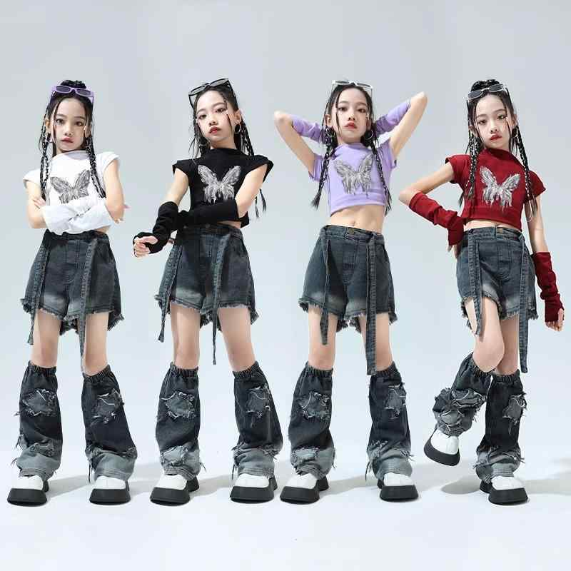 キッズ 女の子 ストリート ダンス セットアップ ジャズ 衣装 クール スリーブ トップス ジーンズ へそ出し 白 紫 黒