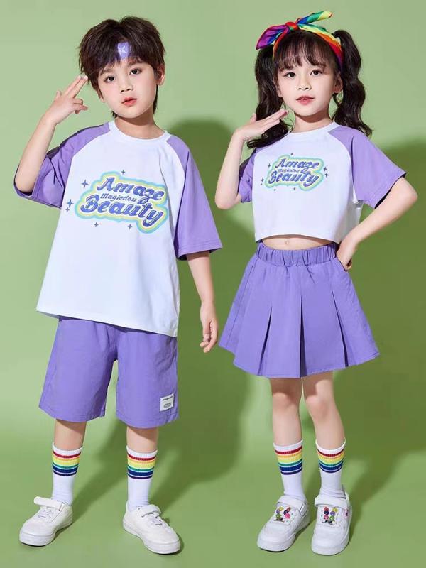 キッズ ストリート ダンス セットアップ チアリーディング ユニフォーム 小学校 運動会 チアリーディング 幼稚園 衣装 紫 ピンク