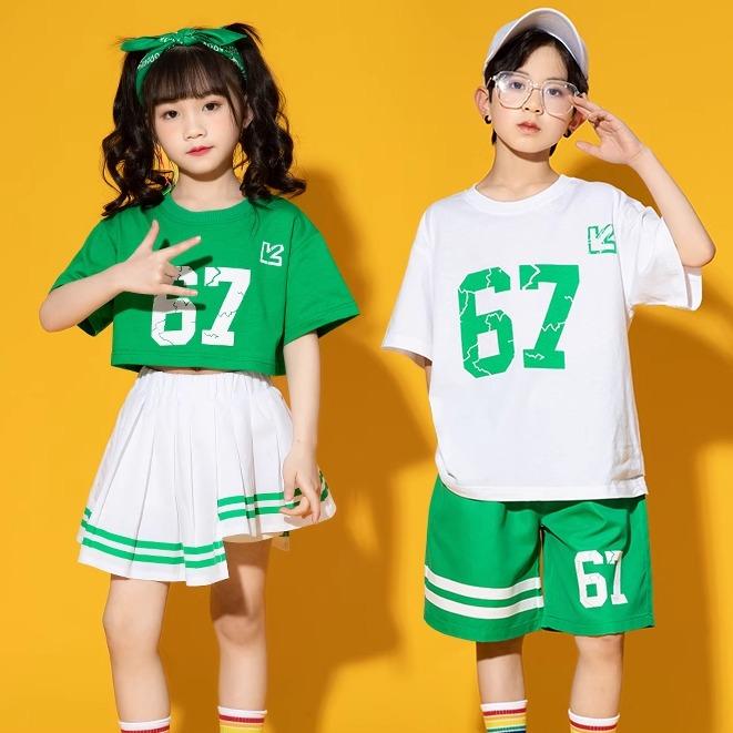 キッズ 男の子 女の子 ストリート ダンス セットアップ チアリーディング 衣装 学生 運動会 ユニフォーム 幼稚園 チアリーディング 緑 白