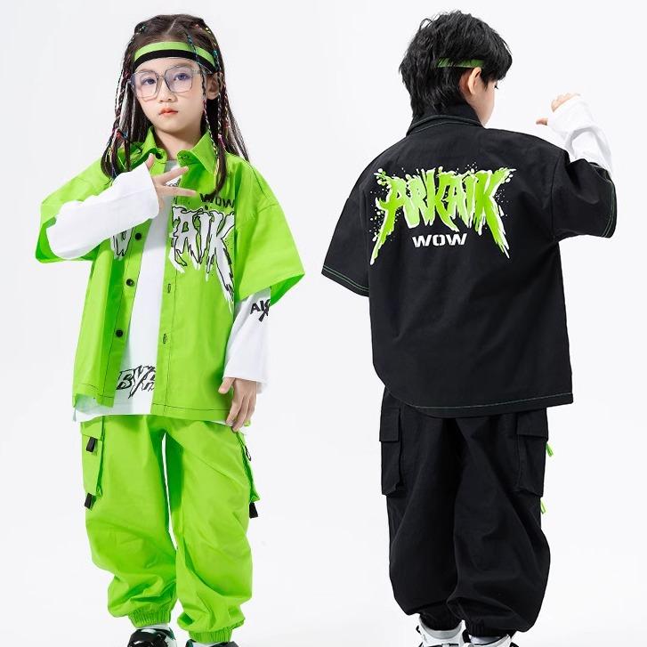 キッズ 男の子 女の子 ストリート ダンス セットアップ 衣装 ヒップホップ 発表会 秋 白 黄緑 黒