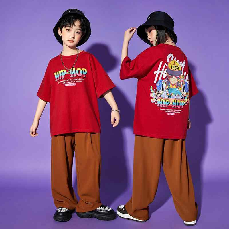 キッズ 女の子 男の子 ストリート ダンス セットアップ 半袖 ズボン ヘアバンド 帽子 赤 黒 ネイビー 衣装