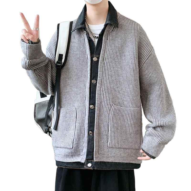 セーター メンズ ニット 重ね着風 フェイクレイヤード トップス 春秋 カーディガン ジャケット デニム スプライシング カジュアル グレー ブラック
