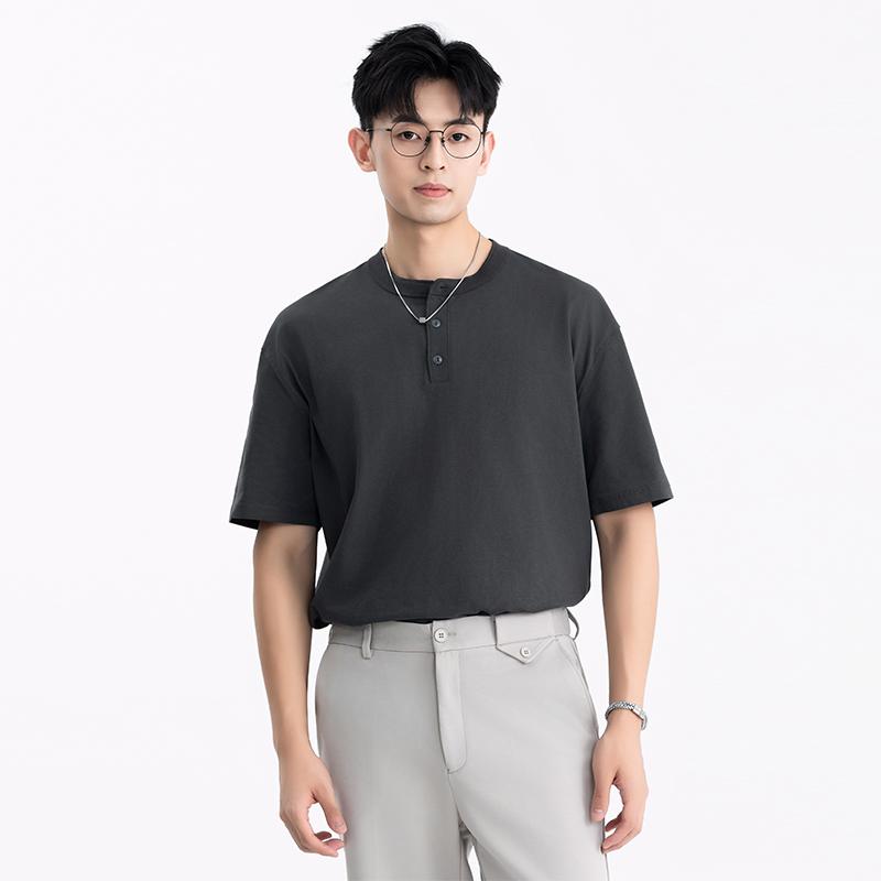 tシャツ メンズ 半袖 ヘンリーネック 夏 コットン カジュアル トップス ボトム アメリカン レトロ クール ブラック ホワイト