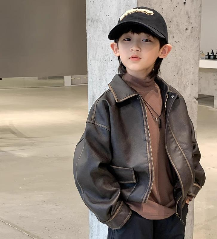 レザー ジャケット キッズ ライダース 男の子 アウター 子供服 春秋 レトロ カジュアル 韓国 ファッション ブラウン