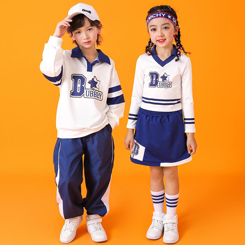 キッズ ストリート ダンス セットアップ 子供 小学校 運動会 チアリーディング 演出服 発表会 ヒップホップ 衣装 ホワイト ブルー